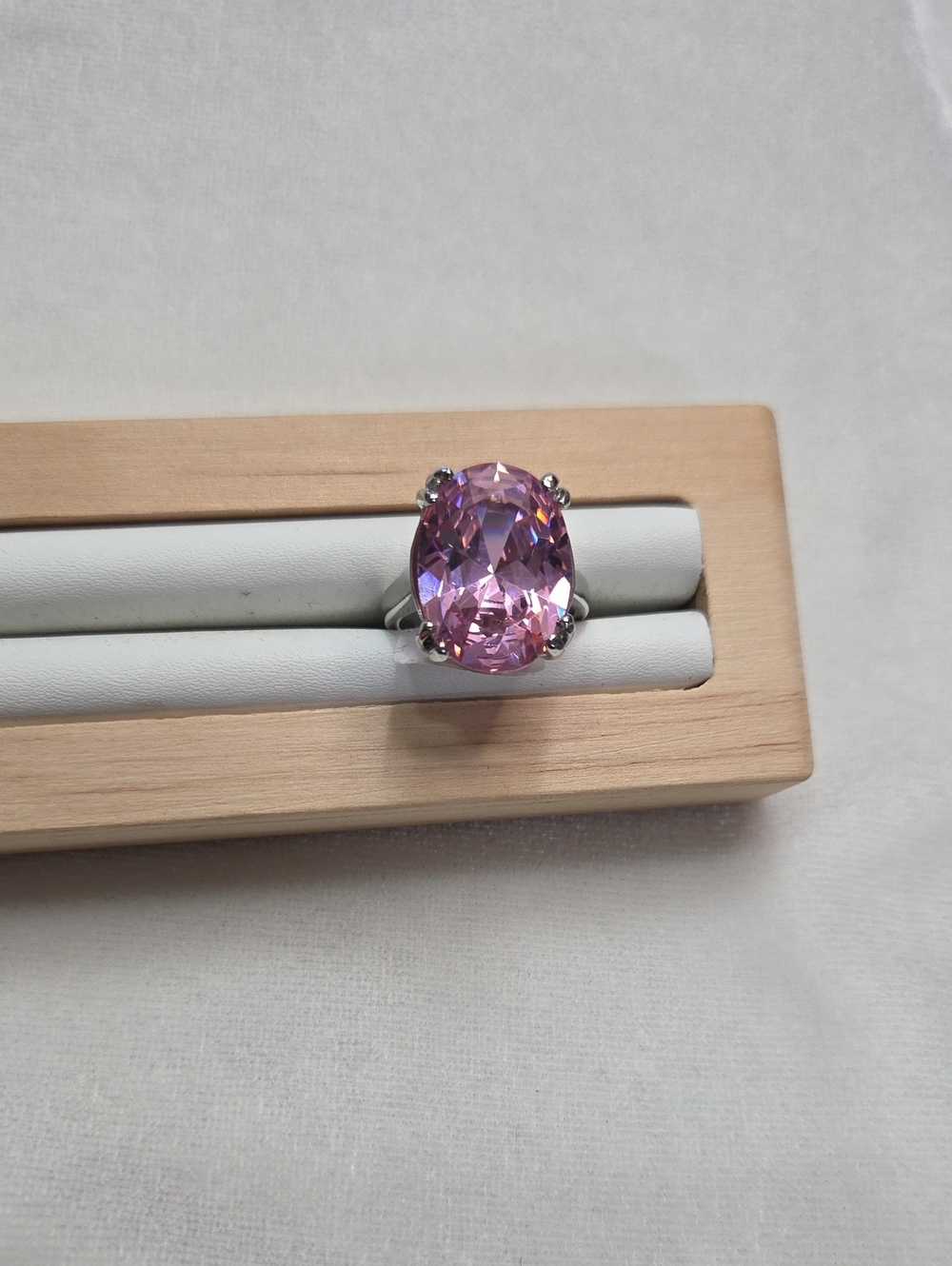 Women's Large Pink Oval Crystal Ring Silver Tone Band Elegant Crystal Fashion